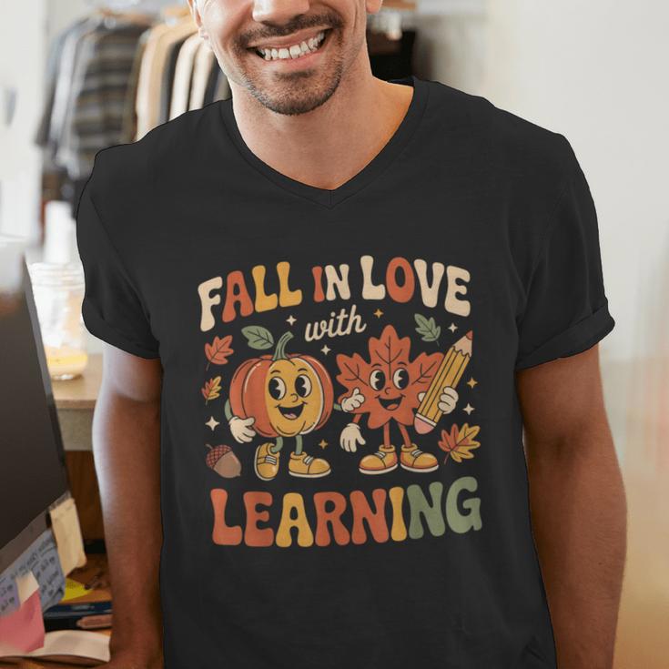 Fall In Love With Learning Retro Autumn Thanksgiving Teacher Men's V-Neck T-Shirt, funny gift Fall In Love With Learning Retro Autumn Thanksgiving Teacher Men's V-Neck T-Shirt, funny gift