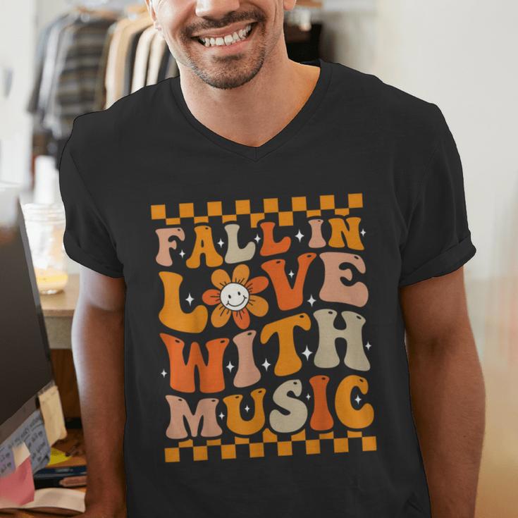 Fall In Love With Music Groovy Thanksgiving Music Teacher Men Women Girls Kids Men's V-Neck T-Shirt, Groovy Teacher Shirts, funny gift