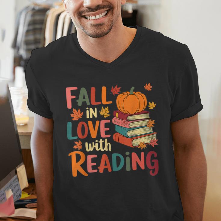 Fall In Love With Reading Autumn Thanksgiving Shirt Teacher Men's V-Neck T-Shirt, funny gift Fall In Love With Reading Autumn Thanksgiving Shirt Teacher Men's V-Neck T-Shirt, funny gift