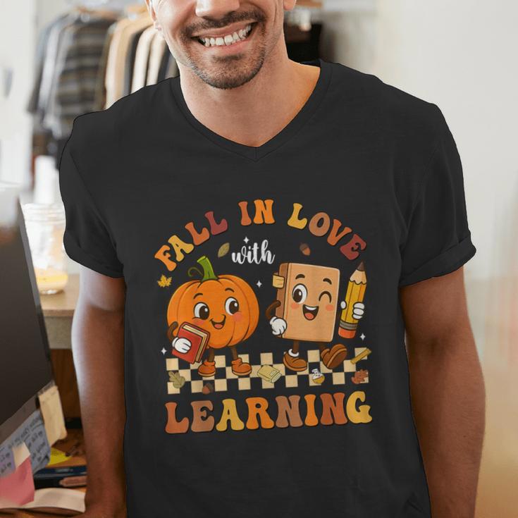Fall In Love With Reading Book Autumn Pumpkins And Teachers Men's V-Neck T-Shirt, funny gift