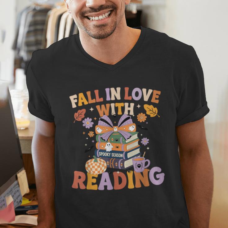 Fall In Love With Reading Halloween Stack Of Book Teacher Men's V-Neck T-Shirt, funny gift Fall In Love With Reading Halloween Stack Of Book Teacher Men's V-Neck T-Shirt, funny gift