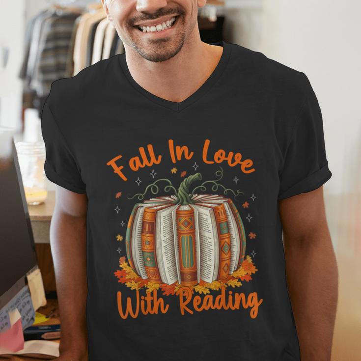 Fall In Love With Reading Pumpkin Autumn Librarians Teacher Men's V-Neck T-Shirt, funny gift