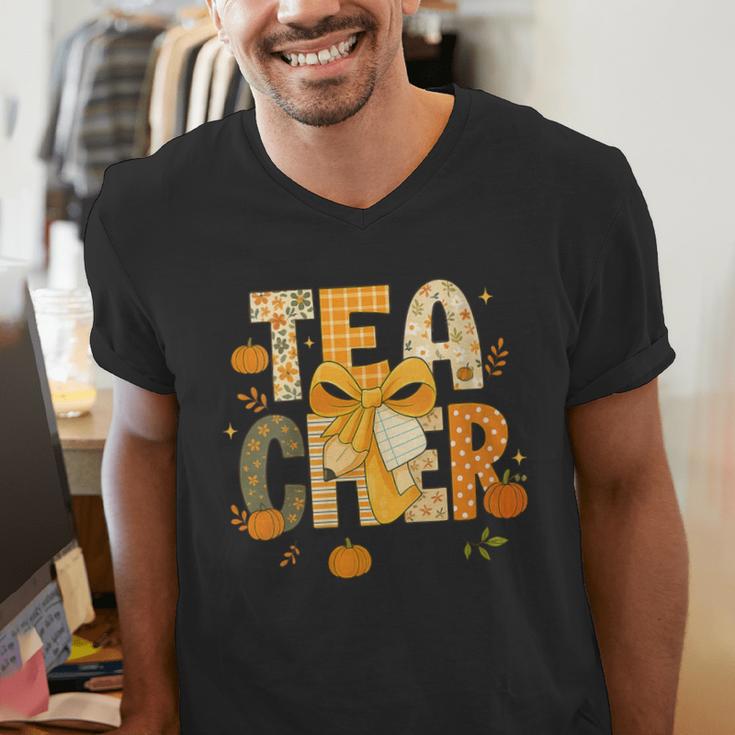 Fall Teacher Pumpkin Coquette Bow Autumn Classroom Men's V-Neck T-Shirt, funny gift Fall Teacher Pumpkin Coquette Bow Autumn Classroom Men's V-Neck T-Shirt, funny gift