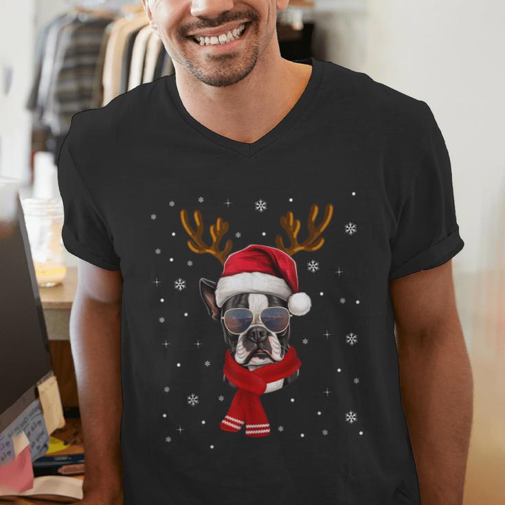 Family Matching Reindeer Xmas Boston Terrier Christmas Men's V-Neck T-Shirt, Boston Terrier Christmas Shirts, funny gift