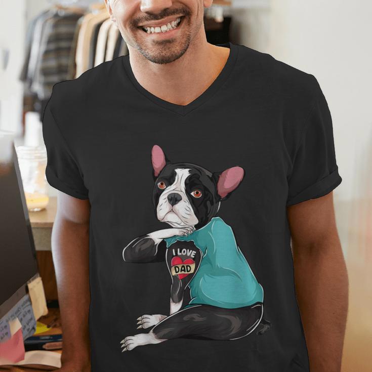 Father's Day Gift Dog Dad Boston Terrier i Love Dad Tattoo Men's V-Neck T-Shirt, Boston Terrier Dad Shirts, funny gift