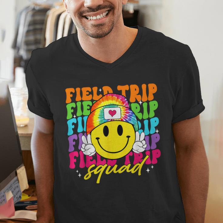 Field Trip Squad Groovy Field Day Smile Face Teacher Tie Dye Men's V-Neck T-Shirt, Groovy Teacher Shirts, funny gift