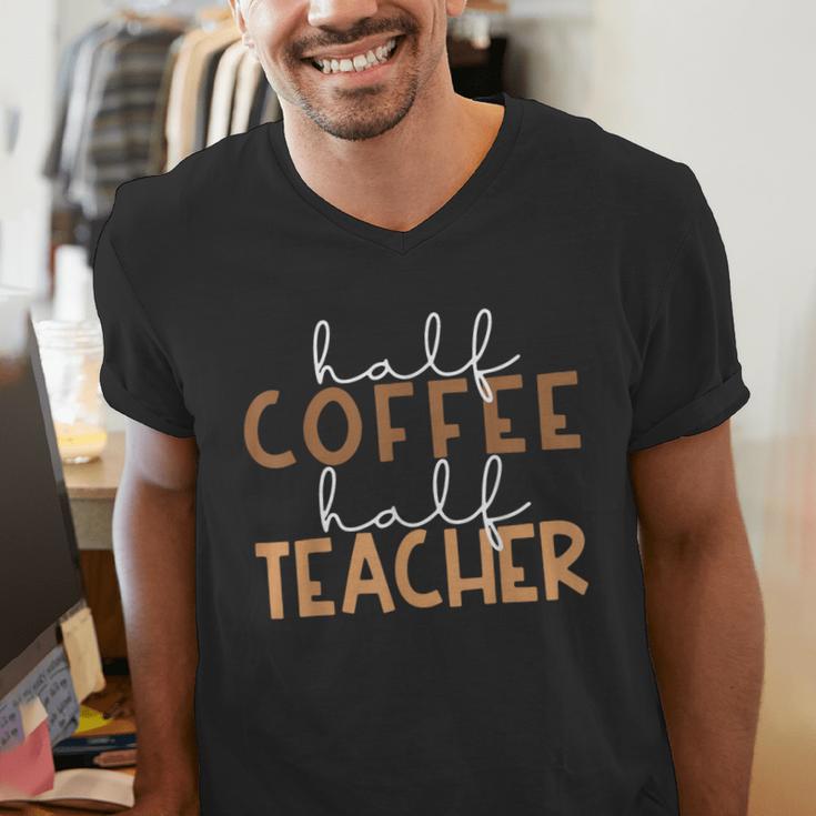First Day Back To School Half Coffee Half Teacher Women Men's V-Neck T-Shirt, funny gift