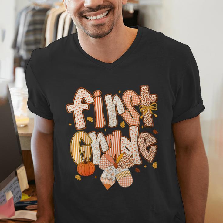 First Grade Fall Floral Coquette Bow Teachers Students Men's V-Neck T-Shirt, First Grade Teacher Shirts, funny gift First Grade Fall Floral Coquette Bow Teachers Students Men's V-Neck T-Shirt, First Grade Teacher Shirts, funny gift