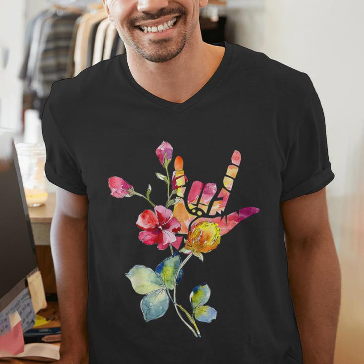 Flower American Sign Language ASL Teacher Teaching Deaf Men's V-Neck T-Shirt, funny gift