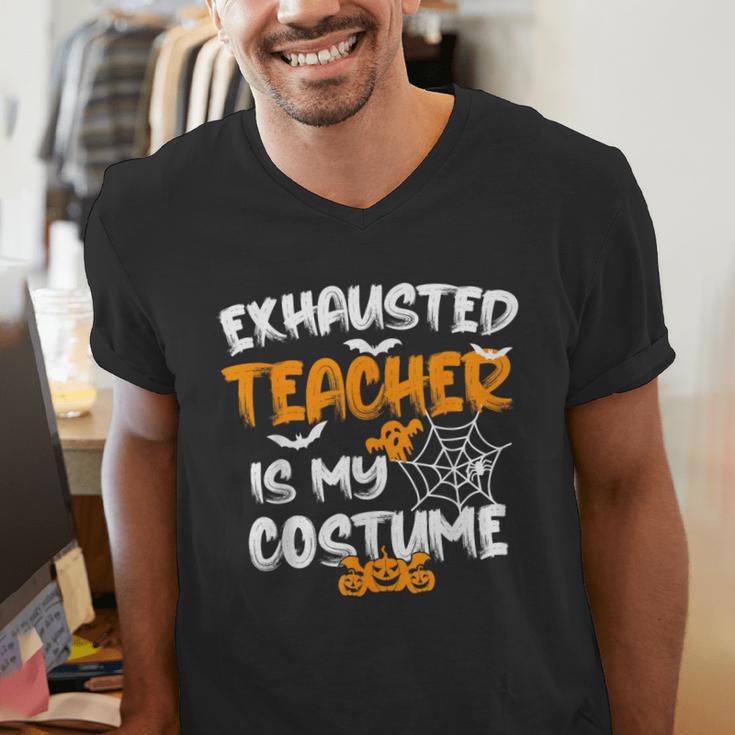Fun Halloween Sayings Quotes Exhausted Teacher Is My Costume -Adults Short Sleeve Halloween Teacher T-Shirt Small Men's V-Neck T-Shirt, funny gift