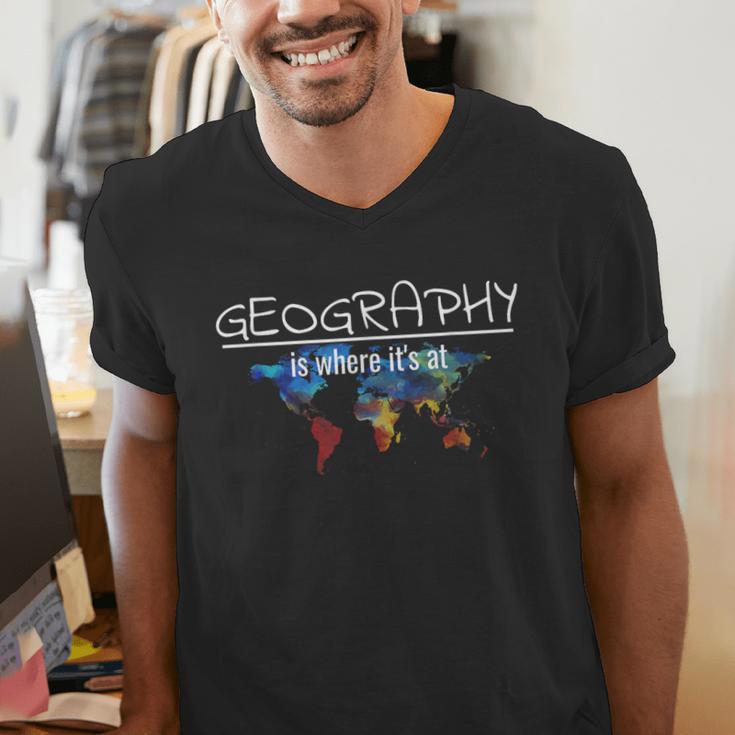 Geography Teacher Earth Day Is Where It's At For Men Women Kids Men's V-Neck T-Shirt, funny gift