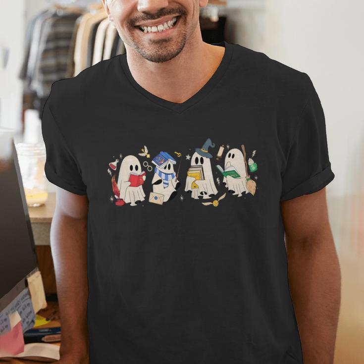 Ghost Book Reading Books Lover Teacher Happy Halloween Men's V-Neck T-Shirt, funny gift