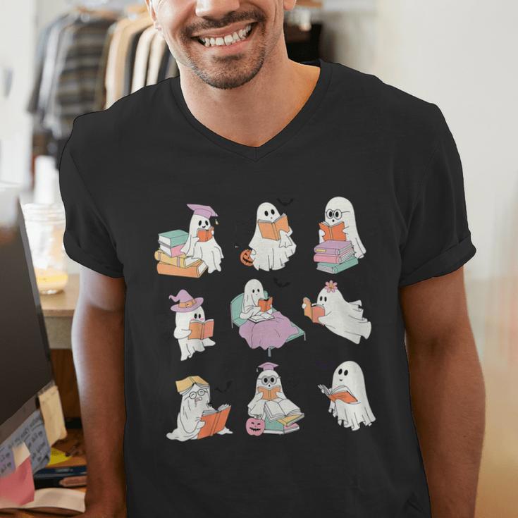 Ghost Book Reading Halloween Books Lover Teacher Kids Men's V-Neck T-Shirt, funny gift