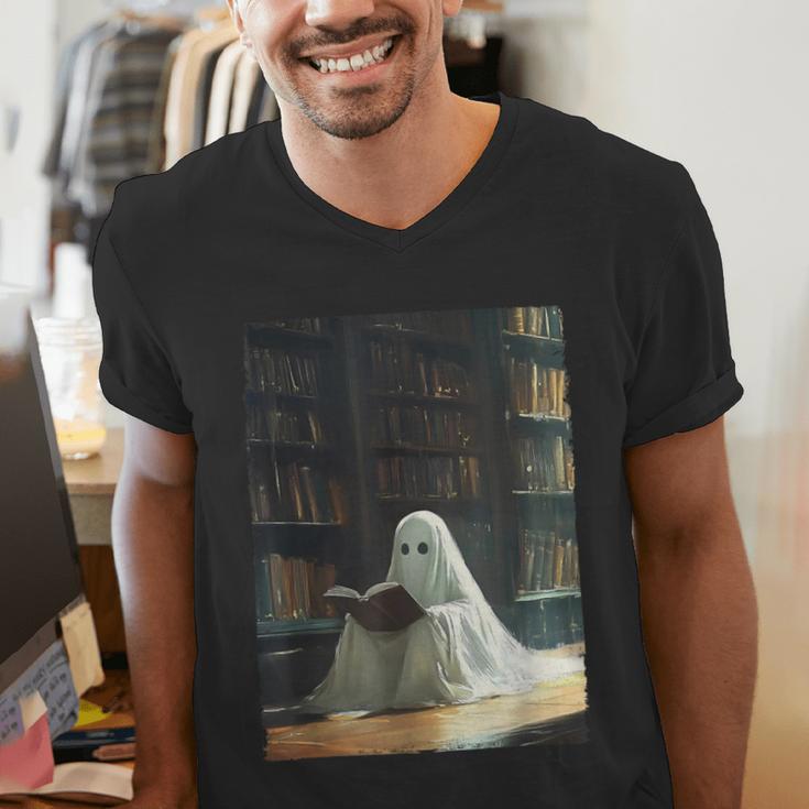 Ghost Library Halloween Book Reading Books Lover Teacher Men's V-Neck T-Shirt, funny gift