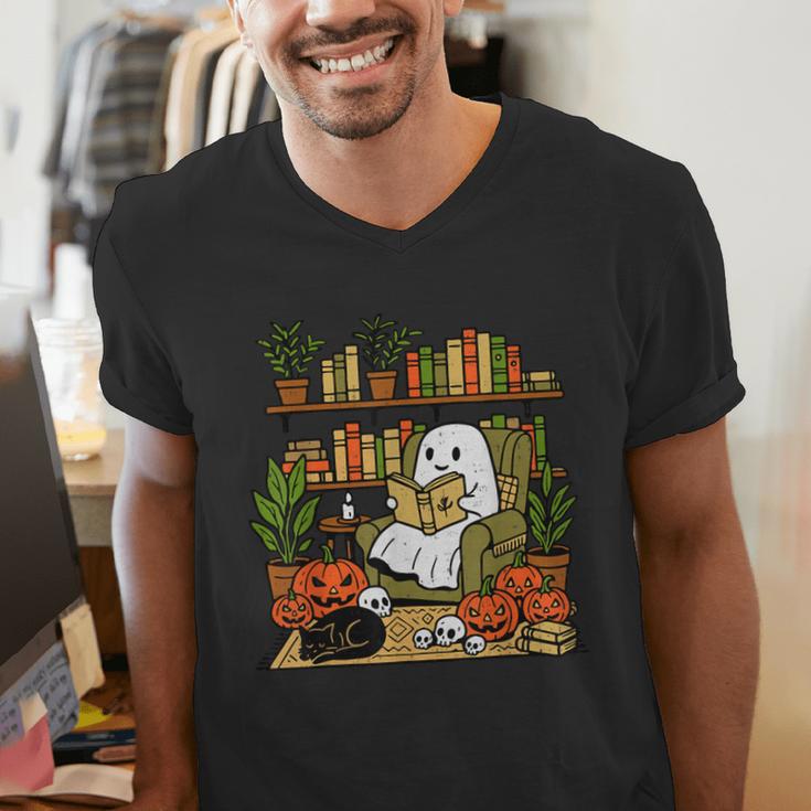Ghost Library Reading Books Halloween Librarian Teacher Men's V-Neck T-Shirt, funny gift