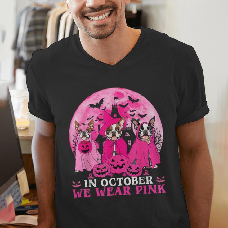 Ghost And Witch Boston Terrier Dog In October We Wear Pink Men's V-Neck T-Shirt, Boston Terrier Ghost Shirts, funny gift