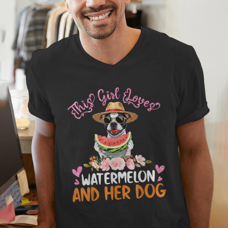This Girl Loves Watermelon And Her Boston Terrier Dog Mother Men's V-Neck T-Shirt, funny gift