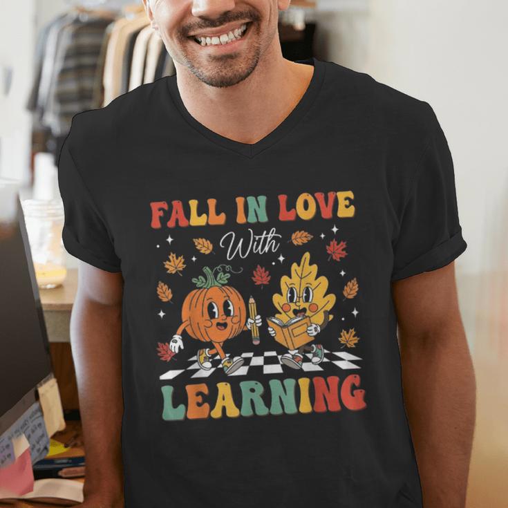 Groovy Fall In Love With Learning Autumn Pumpkin Teacher Men's V-Neck T-Shirt, Groovy Teacher Shirts, funny gift Groovy Fall In Love With Learning Autumn Pumpkin Teacher Men's V-Neck T-Shirt, Groovy Teacher Shirts, funny gift