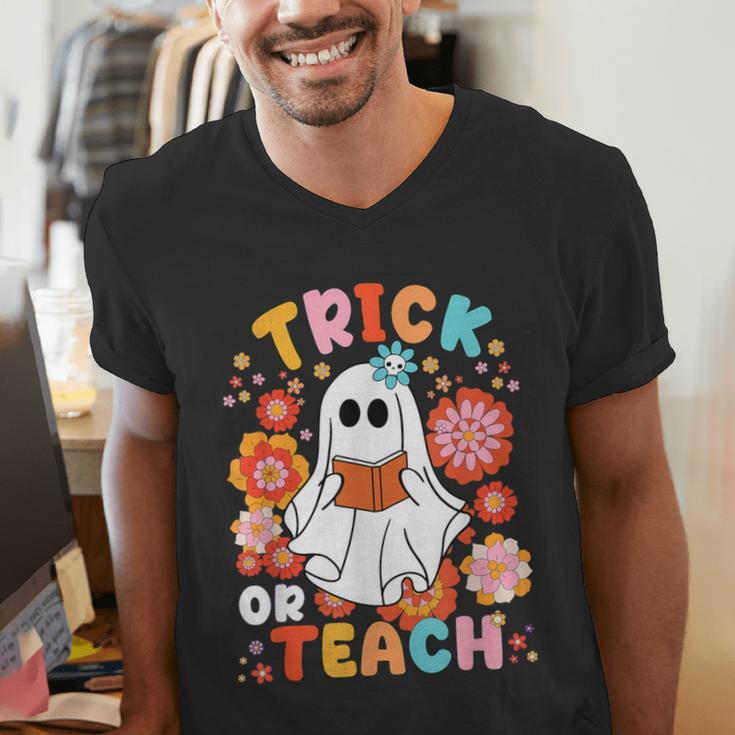 Groovy Halloween Trick Or Teach Retro Floral Ghost Teacher For Men Women Kids Men's V-Neck T-Shirt, Groovy Teacher Shirts, funny gift