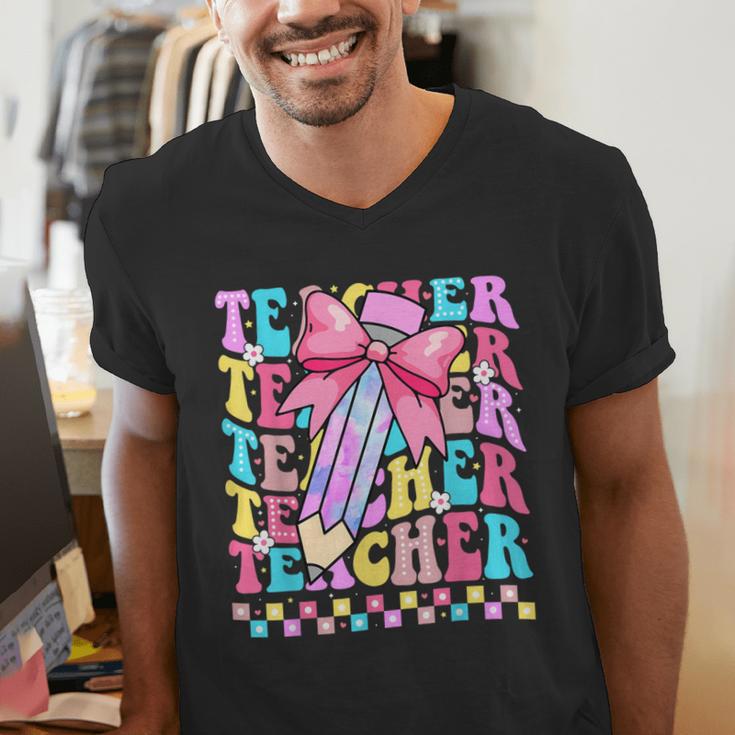 Groovy Teacher Cute Coquette Bow Flower Retro Back To School Men's V-Neck T-Shirt, Groovy Teacher Shirts, funny gift