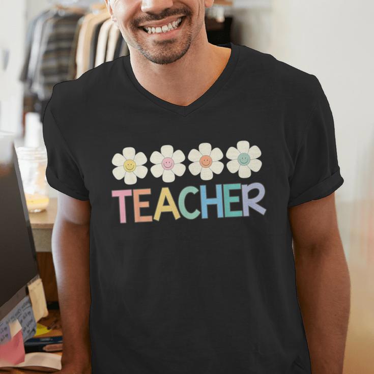 Groovy Teacher Cute Daisy Flower Retro Back To School Men's V-Neck T-Shirt, Groovy Teacher Shirts, funny gift