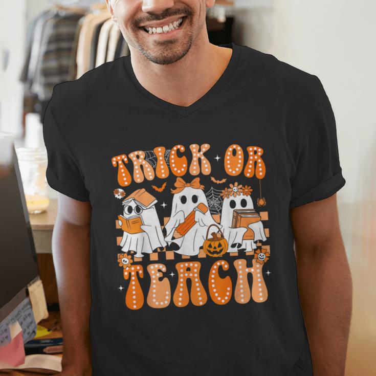 Groovy Teacher Halloween Trick Or Teach Ghost Men Women Kids Men's V-Neck T-Shirt, Groovy Teacher Shirts, funny gift Groovy Teacher Halloween Trick Or Teach Ghost Men Women Kids Men's V-Neck T-Shirt, Groovy Teacher Shirts, funny gift