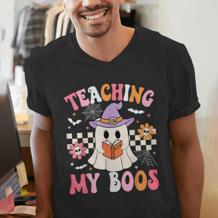 Groovy Teaching My Boos Teacher Ghost Halloween Teacher Men's V-Neck T-Shirt, Groovy Teacher Shirts, funny gift Groovy Teaching My Boos Teacher Ghost Halloween Teacher Men's V-Neck T-Shirt, Groovy Teacher Shirts, funny gift