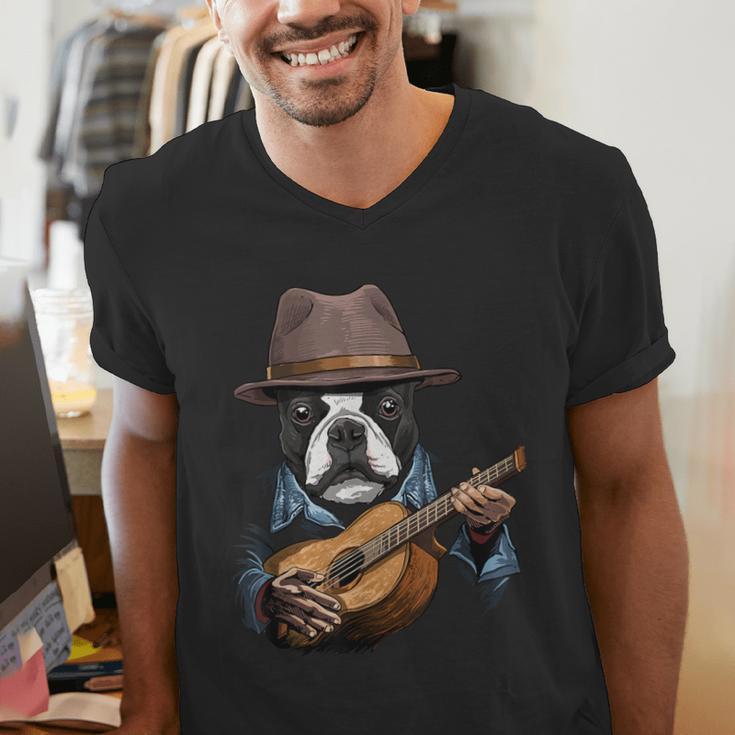 Guitar Shirt Boston Terrier Dog Playing Acoustic Guitar Men's V-Neck T-Shirt, funny gift