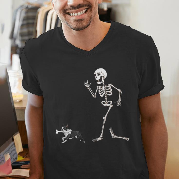 Halloween Boston Terrier And Skeleton Men's V-Neck T-Shirt, Boston Terrier Halloween Shirts, funny gift