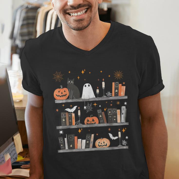 Halloween Library Ghost Books Teacher Spooky Trick Or Teach Men's V-Neck T-Shirt, funny gift