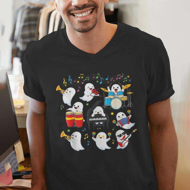 Halloween Music Teacher Ghost Playing Musical Instruments Men's V-Neck T-Shirt, funny gift
