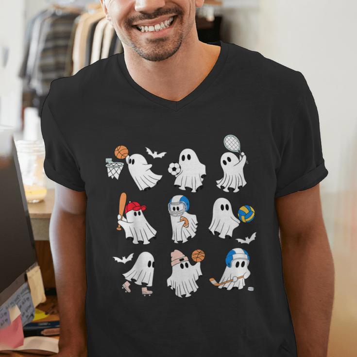 Halloween PE Teacher Ghost Playing Soccer Football Baseball Men's V-Neck T-Shirt, Pe Teacher Shirts, funny gift Halloween PE Teacher Ghost Playing Soccer Football Baseball Men's V-Neck T-Shirt, Pe Teacher Shirts, funny gift