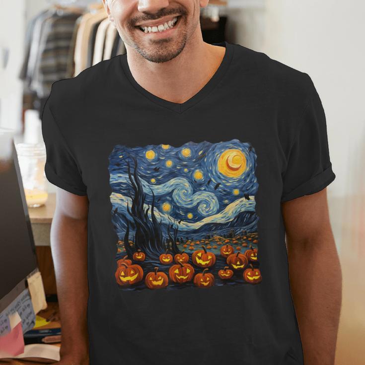 Halloween Pumpkin Starry Night Van Gogh Art Teacher Men's V-Neck T-Shirt, funny gift Halloween Pumpkin Starry Night Van Gogh Art Teacher Men's V-Neck T-Shirt, funny gift