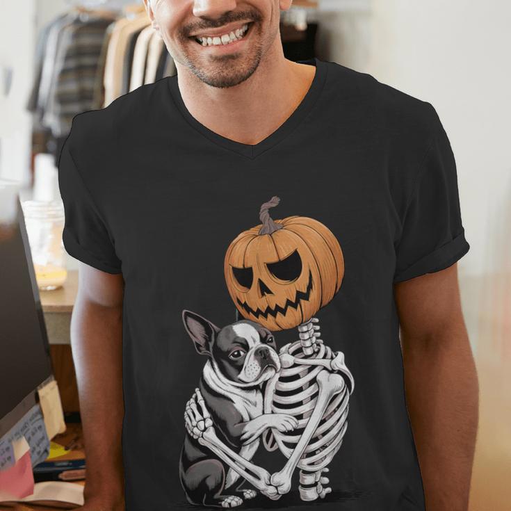 Halloween Skeleton Boston Terrier Men's V-Neck T-Shirt, Boston Terrier Halloween Shirts, funny gift