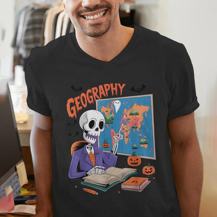 Halloween Skeleton Geography Teacher Pumpkin Bats Classroom Men's V-Neck T-Shirt, funny gift Halloween Skeleton Geography Teacher Pumpkin Bats Classroom Men's V-Neck T-Shirt, funny gift