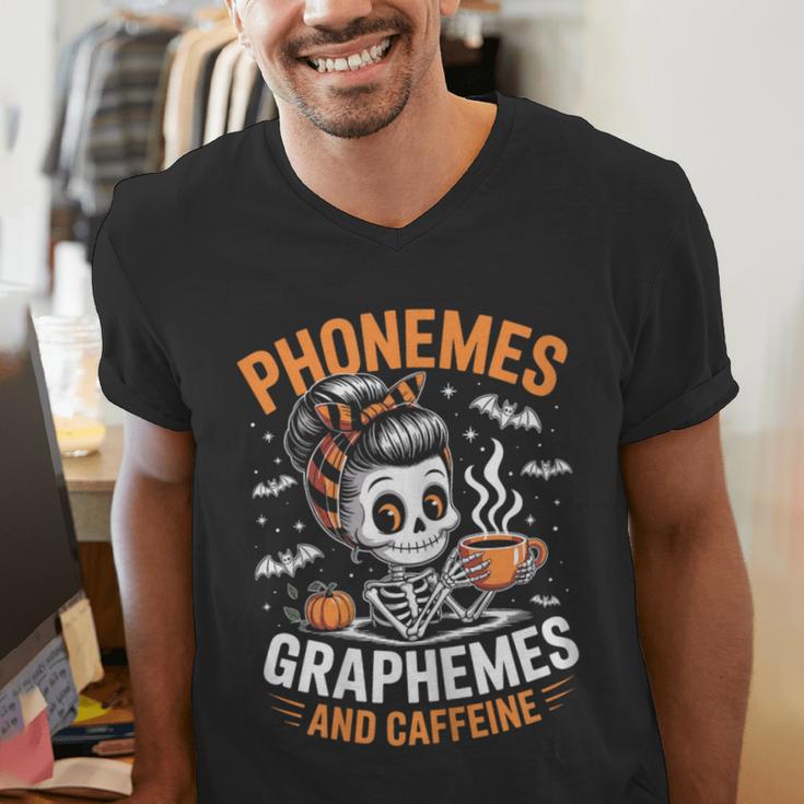 Halloween Skeleton Teacher Phonemes Graphemes Caffeine Lover Men's V-Neck T-Shirt, funny gift Halloween Skeleton Teacher Phonemes Graphemes Caffeine Lover Men's V-Neck T-Shirt, funny gift