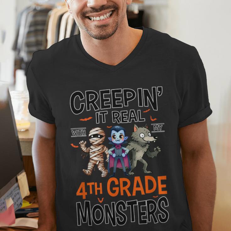 Halloween Teacher Creepin It Real With My 4th Grade Monsters Men's V-Neck T-Shirt, 4th Grade Teacher Shirts, funny gift Halloween Teacher Creepin It Real With My 4th Grade Monsters Men's V-Neck T-Shirt, 4th Grade Teacher Shirts, funny gift
