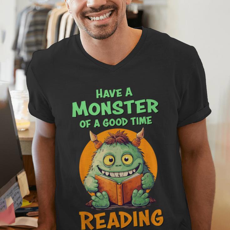 Halloween Teacher Librarian Monster Reading Books Men Women Kids Men's V-Neck T-Shirt, funny gift