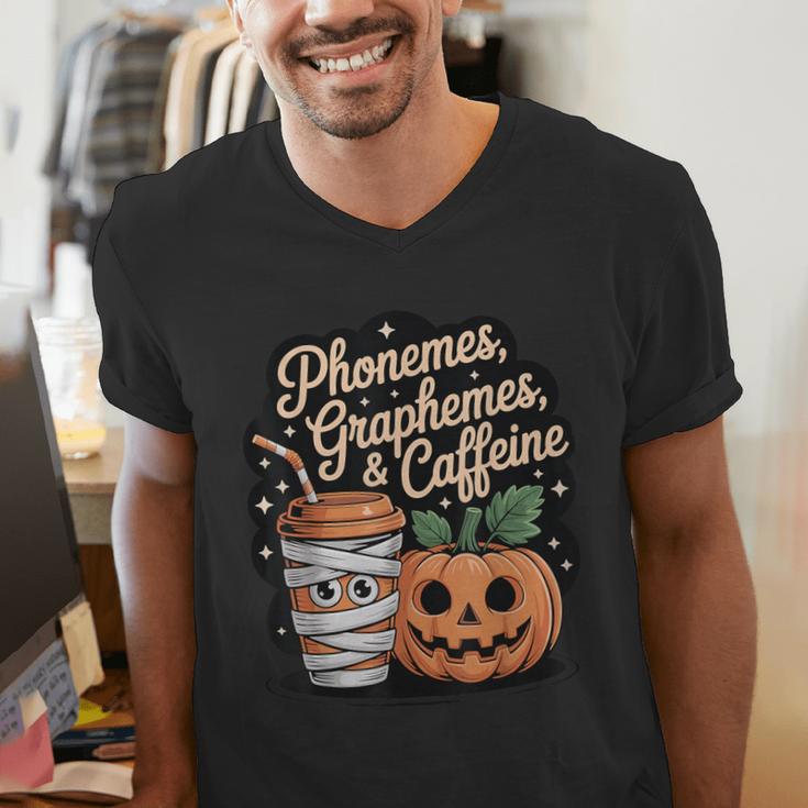 Halloween Teacher Phonemes Graphemes Caffeine Coffee Lover Men's V-Neck T-Shirt, funny gift Halloween Teacher Phonemes Graphemes Caffeine Coffee Lover Men's V-Neck T-Shirt, funny gift