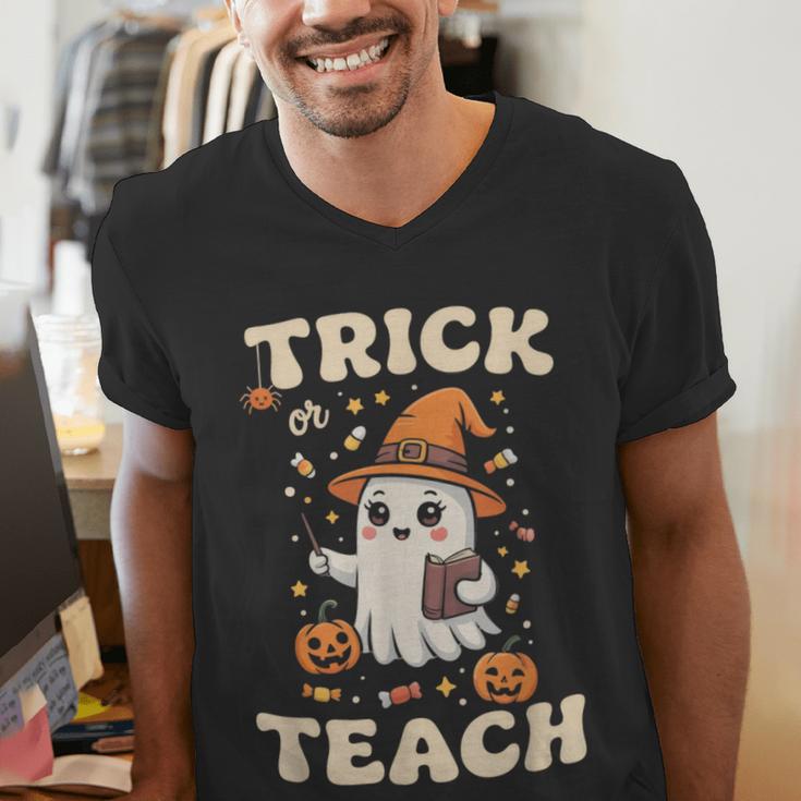 Halloween Teacher Shirts Women School Trick Or Teach Groovy Men's V-Neck T-Shirt, Groovy Teacher Shirts, funny gift