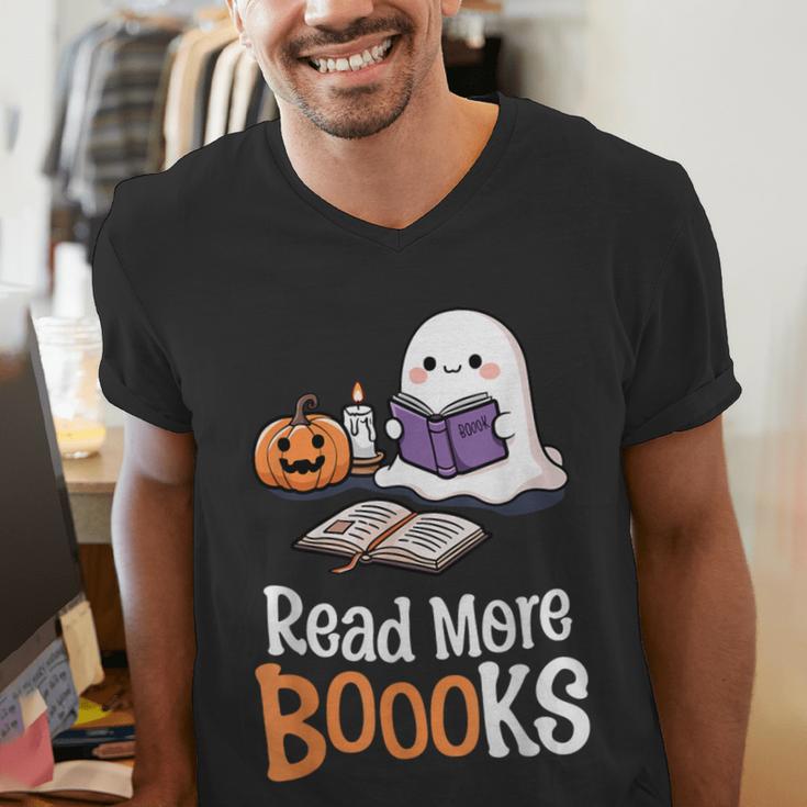 Halloween Teacher Women Cute Reading Ghost Read More Books Men's V-Neck T-Shirt, funny gift