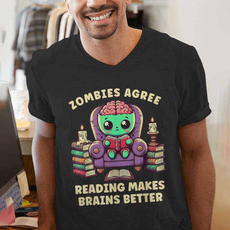 Halloween Teacher Zombie Reading Is Good For Brains Men's V-Neck T-Shirt, funny gift Halloween Teacher Zombie Reading Is Good For Brains Men's V-Neck T-Shirt, funny gift