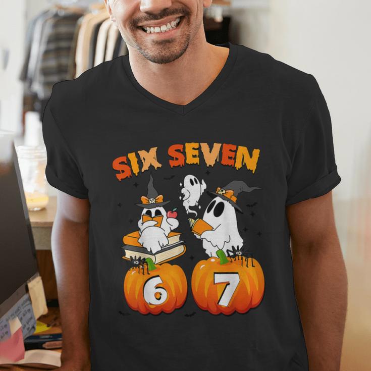 Haunted By 67 Boo Ghost Pumpkin Halloween Teacher Men's V-Neck T-Shirt, funny gift