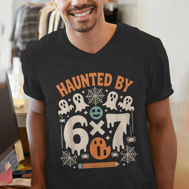 Haunted By 6x7 Math Teacher Halloween Pun Men's V-Neck T-Shirt, funny gift