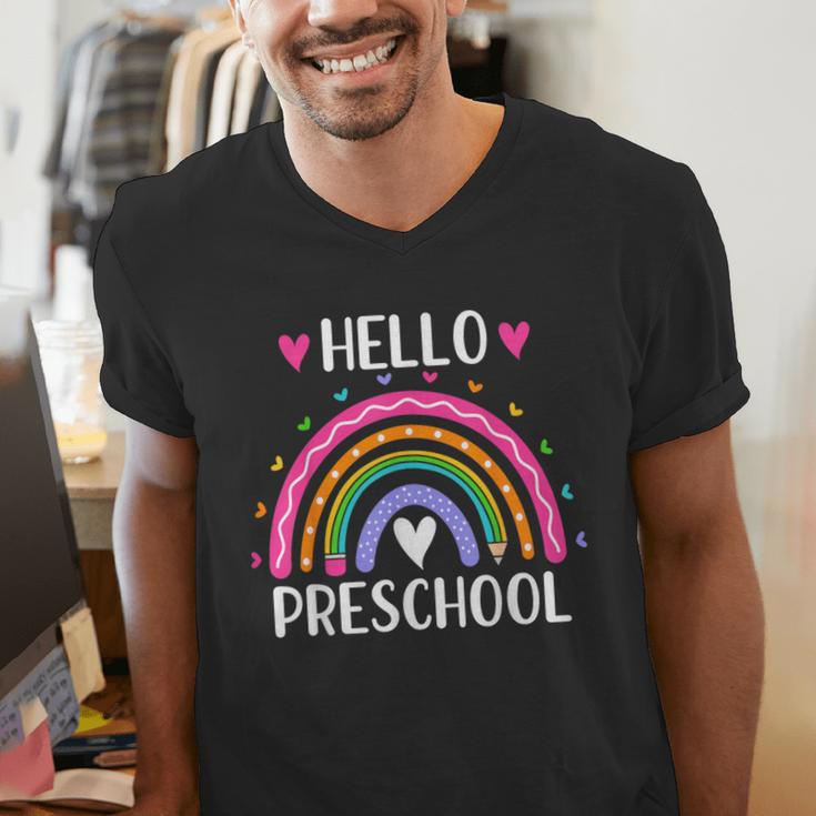 Hello Preschool Teacher Student Girls Rainbow Back To School Men's V-Neck T-Shirt, funny gift Hello Preschool Teacher Student Girls Rainbow Back To School Men's V-Neck T-Shirt, funny gift