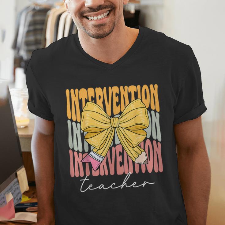 Interventionist Teacher Groovy Coquette Bow Back To School Men's V-Neck T-Shirt, Groovy Teacher Shirts, funny gift Interventionist Teacher Groovy Coquette Bow Back To School Men's V-Neck T-Shirt, Groovy Teacher Shirts, funny gift