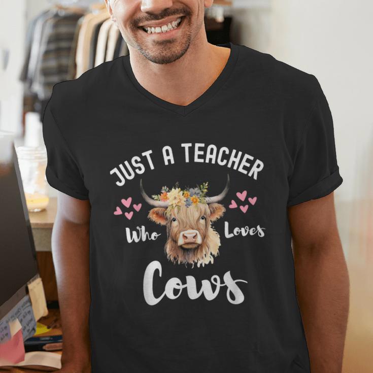 Just A Teacher Who Loves Cows Shirt Cute Highland Cow Men's V-Neck T-Shirt, funny gift