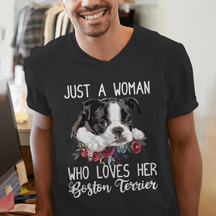 Just a Woman Who Loves Her Boston Terrier Cute Dog Mom Men's V-Neck T-Shirt, Boston Terrier Mom Shirts, funny gift