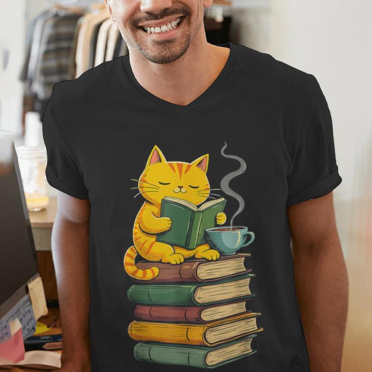Kawaii Cats Lover Coffee Books Teacher Librarian Cat Men's V-Neck T-Shirt, funny gift