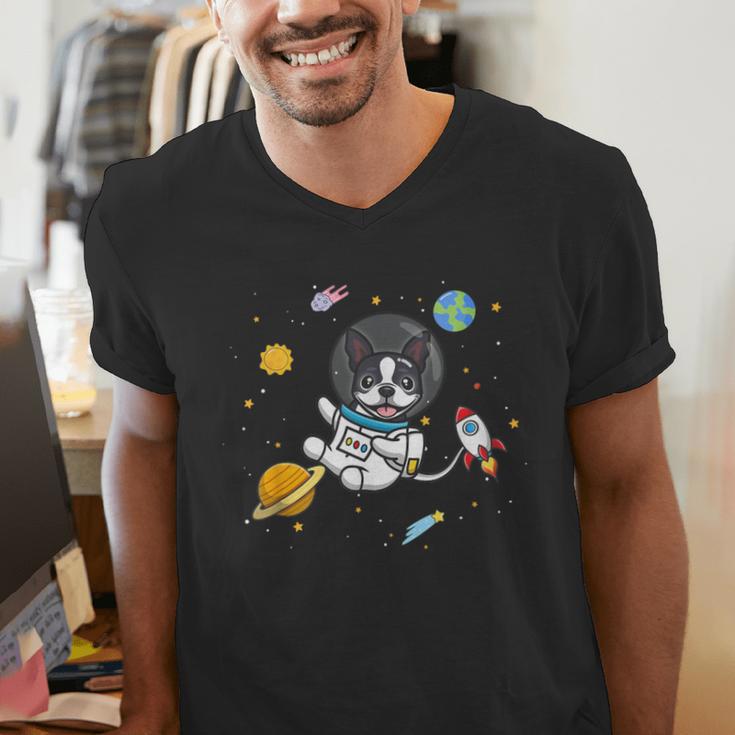 Kawaii Kids & Boys Astronaut Space Boston Terrier Dog Lover Men's V-Neck T-Shirt, funny gift